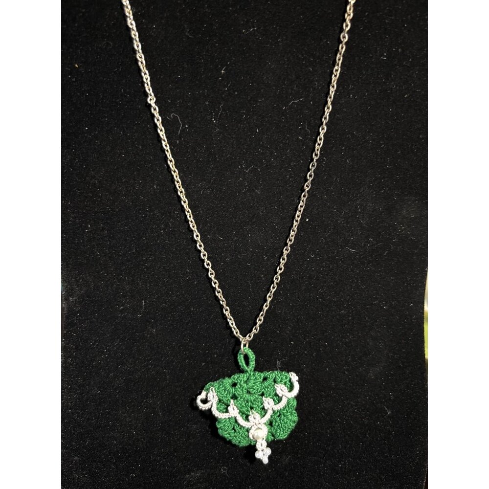 Handmade Crochet Purse Pendant Necklace With 23" Chain Green & White Accents Lig